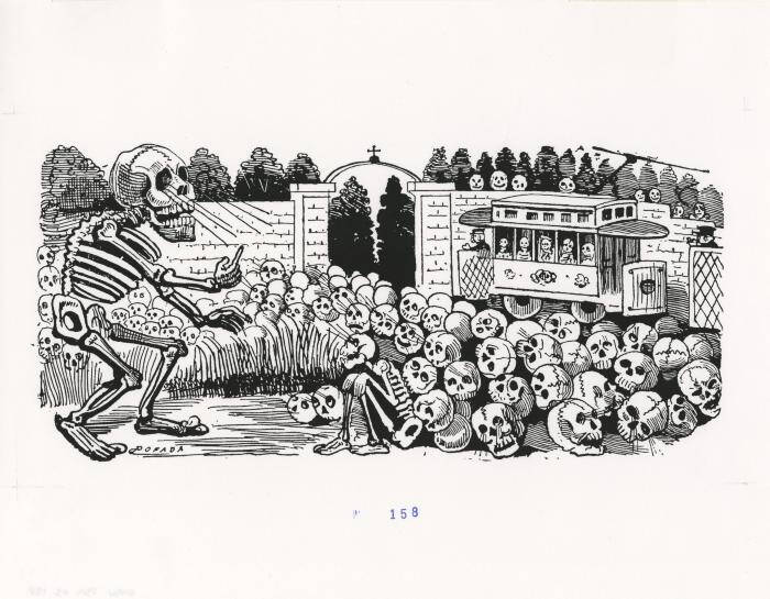 Large skeleton stands in from of a crowd of other skeletons near a gate and a trolley.